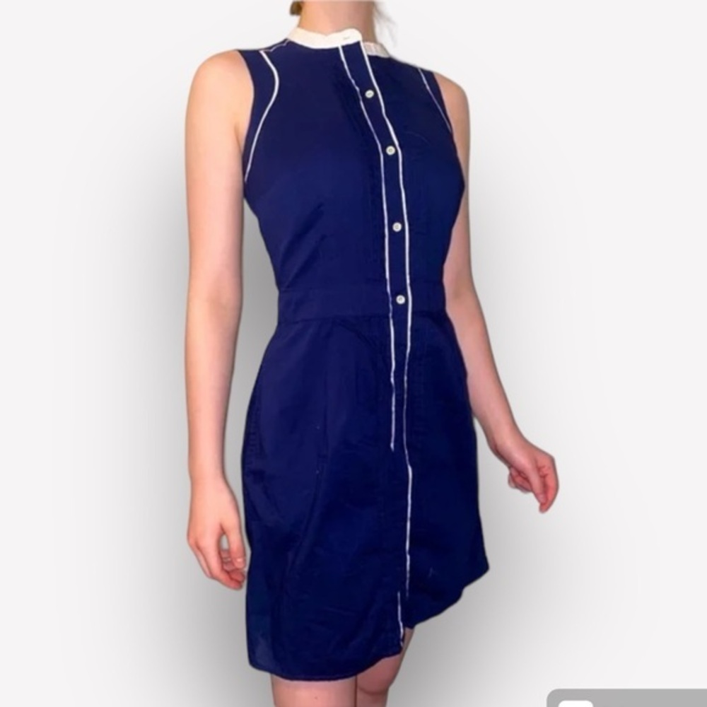 🇪🇸 Tommy Hilfiger shirt dress navy blue white piping pintuck button down Prep